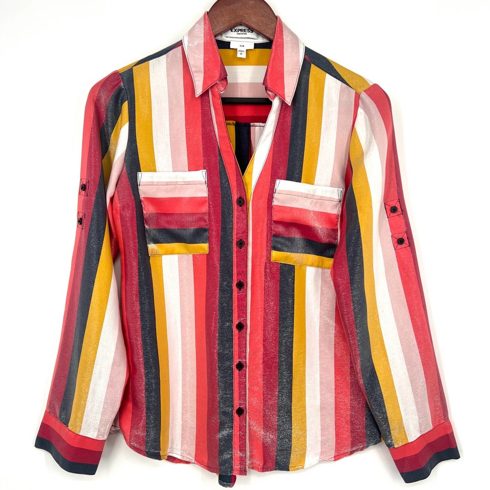 Express Portofino Womens Size Small Slim Shiny/Shimmer Stripe Blouse Shirt Top